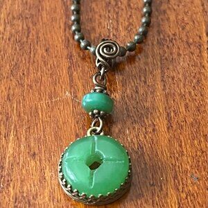 Minimalist Green Jade Bezel Set Scored Stone Necklace on Rustic 17" Chain Boho